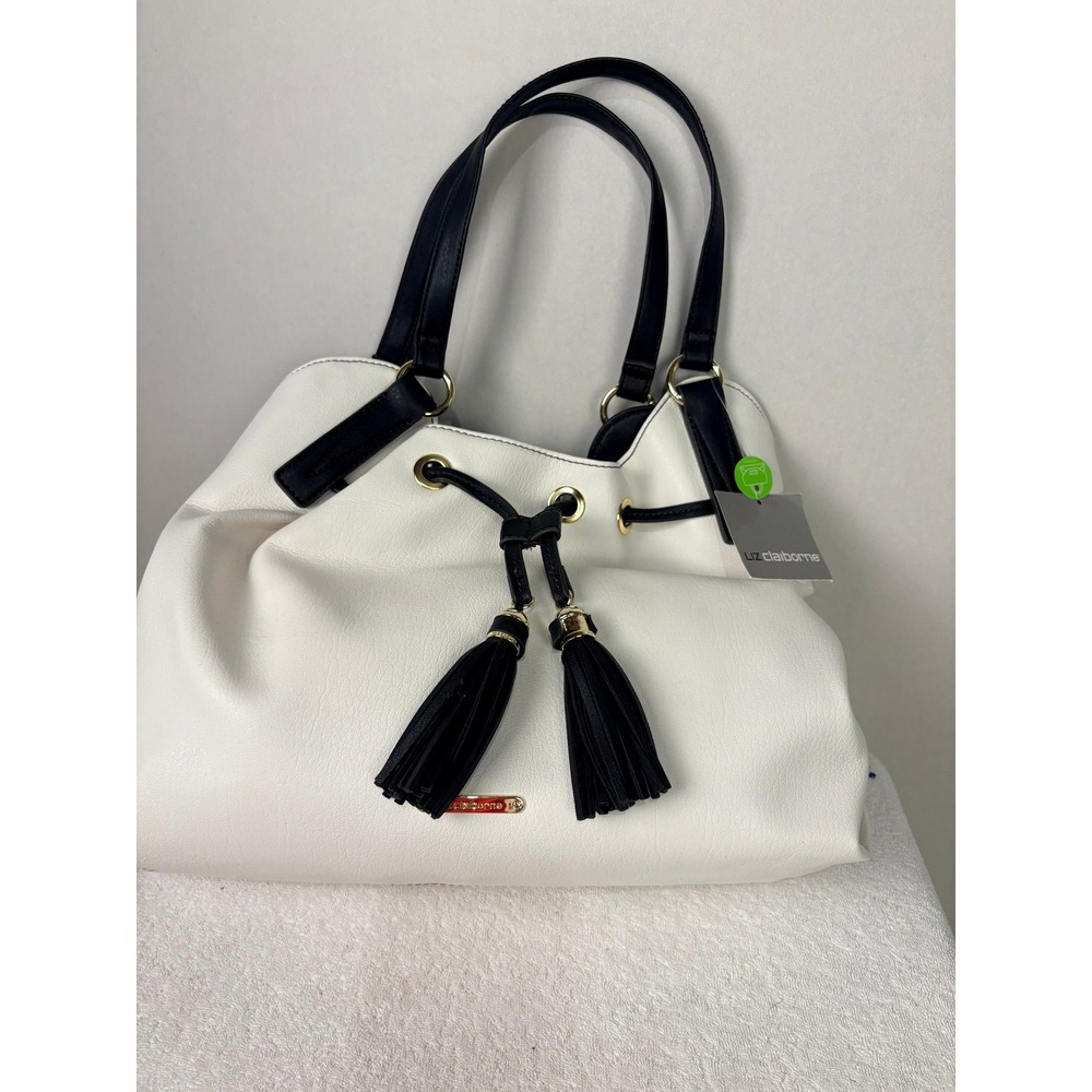 Liz Claiborne White Faux Leather Bucket Bag Tassel Drawstring Shoulder Bag